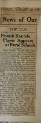 Finnish kantele player appears at rural schools Toivola January 20 1939